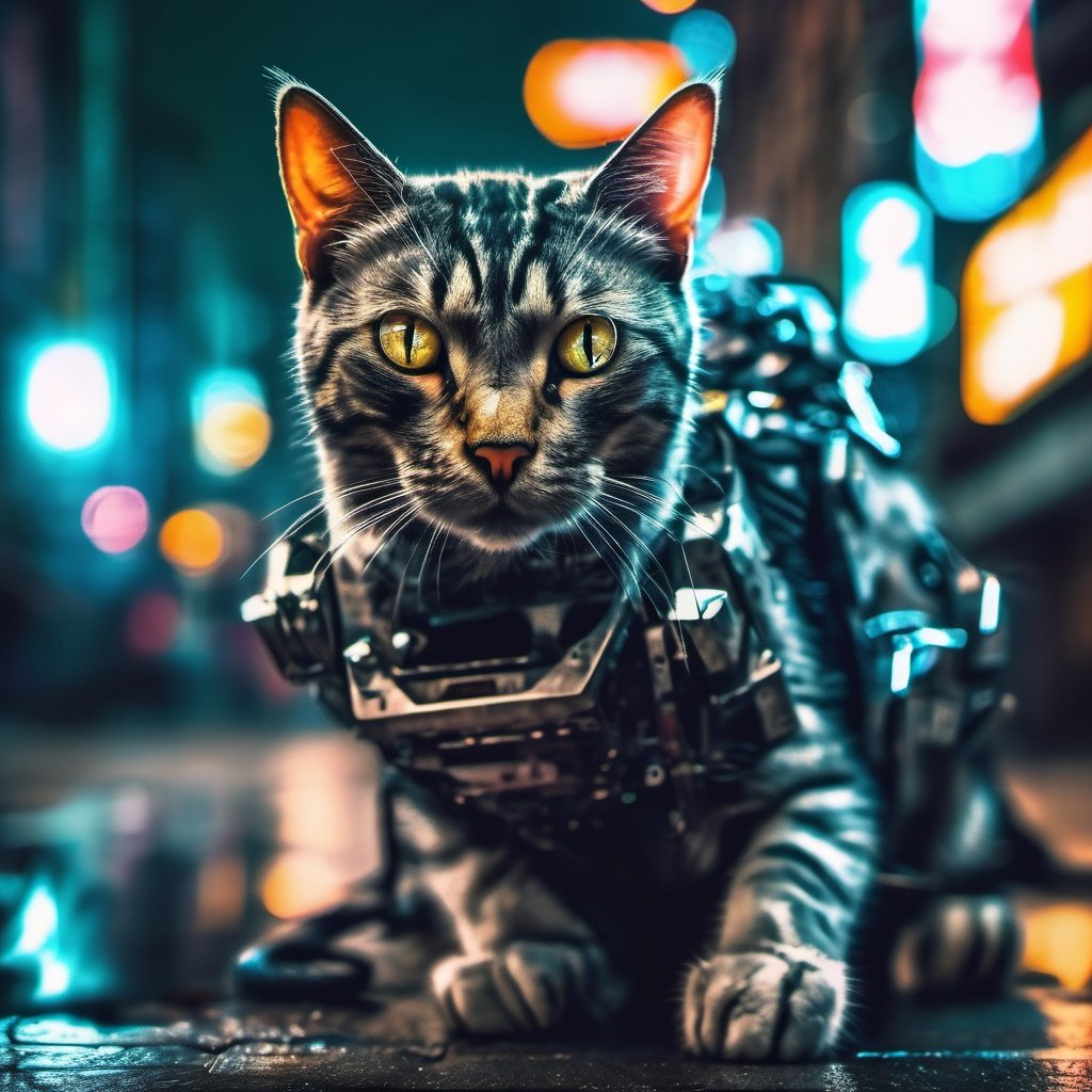 realistic photo of a cat|| in a cyberpunk alley at night by user_635792401465667718 on Tensor.Art