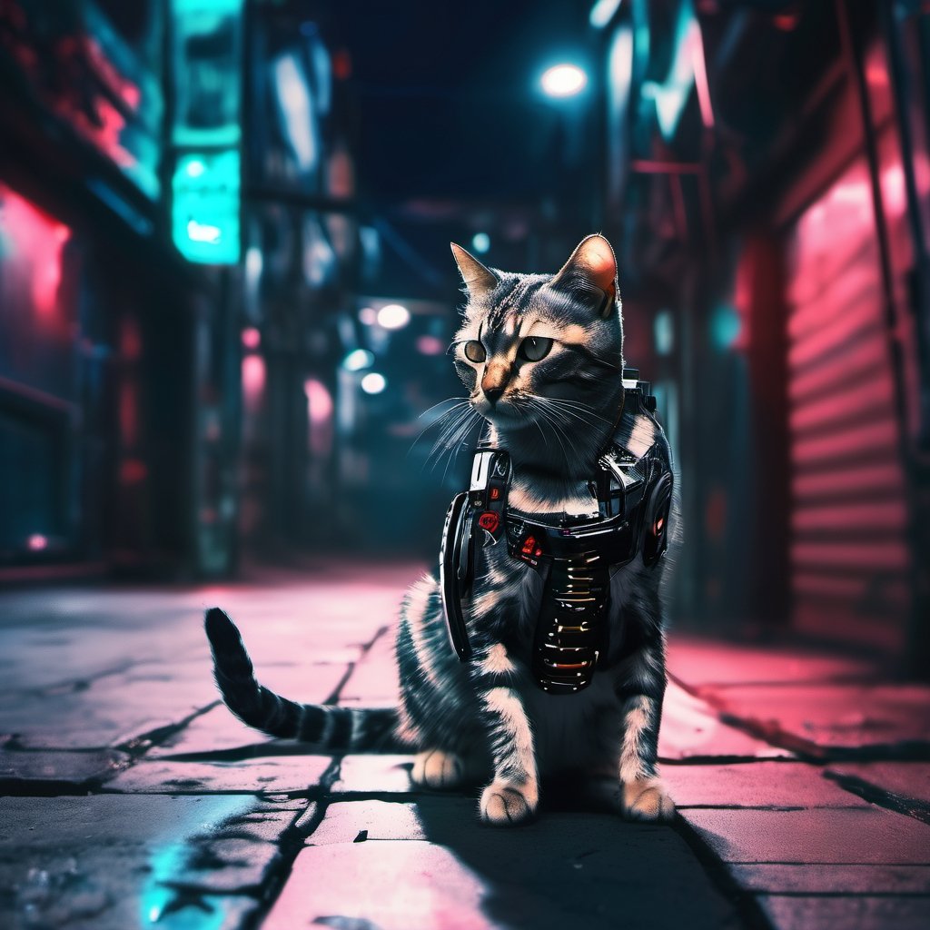 realistic photo of a cat|| in a cyberpunk alley at night by user_635792401465667718 on Tensor.Art