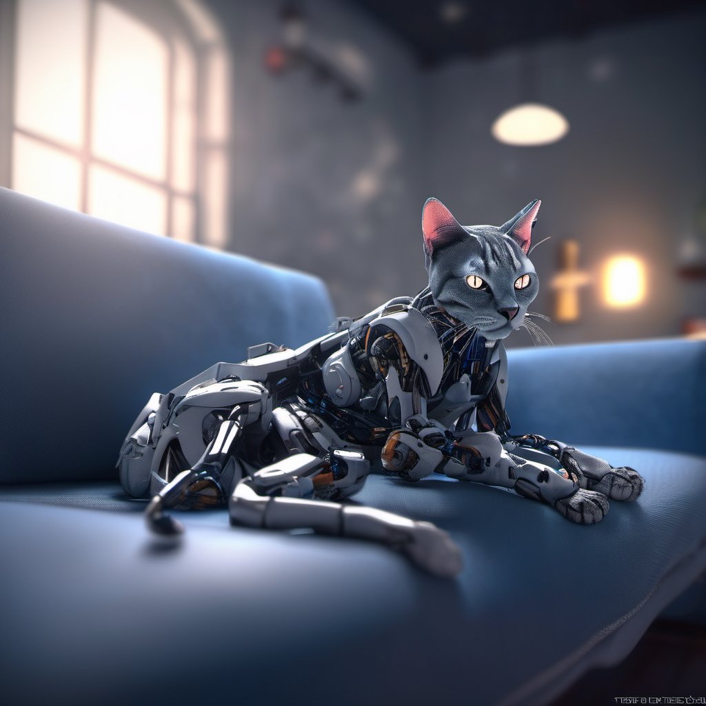 hyper realistic photo of a half cat half robot cyborg on a comfy couch in a futuristic cozy room Negative prompt: EasyNega...