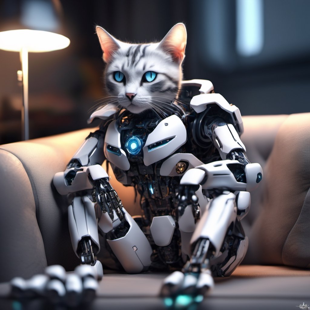 hyper realistic photo of a half cat half robot cyborg on a comfy couch in a futuristic cozy room Negative prompt: EasyNega...