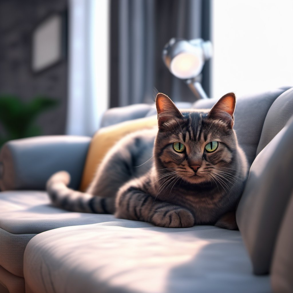 realistic photo of a cat|| on a comfy couch in a futuristic:1.5 cozy room by user_635792401465667718 on Tensor.Art