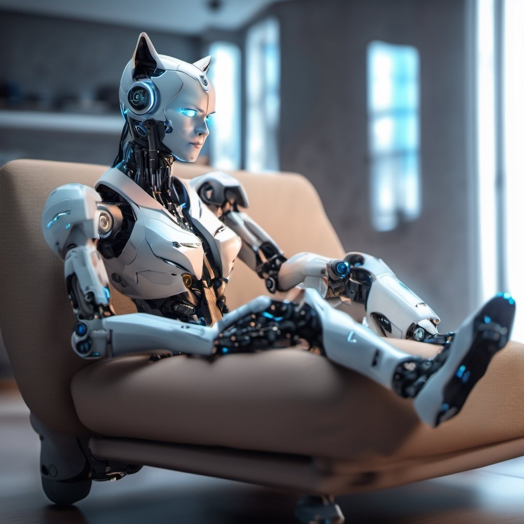 hyper realistic photo of a half cat half robot cyborg on a comfy couch in a futuristic cozy room Negative prompt: EasyNega...