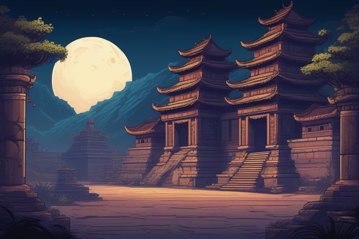 Ancient city, night moon, 2D game background, street fighter, insane details,  intricate details,  hyperdetailed,  hdr,  faded,  pixel art,  background,  landscape,  standing zone for walking near the camera,background