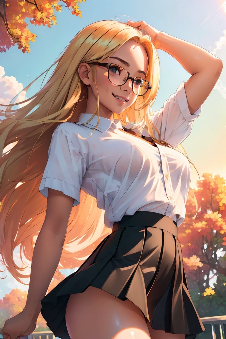 (best quality, masterpiece, perfect face, beautiful and aesthetic:1.2, colorful, dynamic angle, highest detailed face), (beautiful detailed breasts, topless, exposed breasts), 1girl, long straight blonde hair, big glasses, black rimmed glasses, happy smile,(wind blow up skirt, holding skirt up, no underwear, no panties), , micro mini pleated skirt, sunset, fall colors, beautiful trees, nature, flowers, windy, hair flowing in the wind, sun shinning through hair, high contrast, (official art, extreme detailed, highest detailed, natural skin texture, hyperrealism, soft light, sharp, perfect face)

,bottom_view