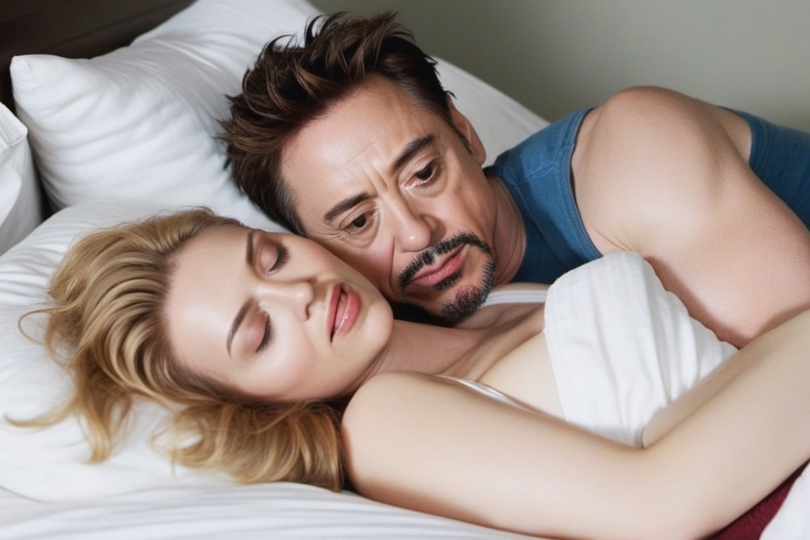 Robert Downey Jr with Scarlett Johansson,  sleeping exhausted in bed after making love. by JMD-117 on Tensor.Art