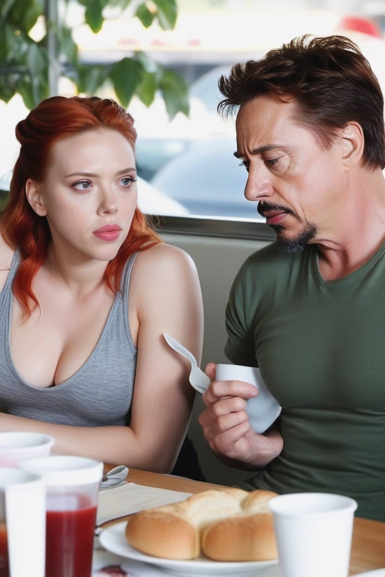 Tony Stark and Natasha Romanoff (Scarlet Johansson) having a nice breakfast,  scarlett johansson,  full body by JMD-117 on...