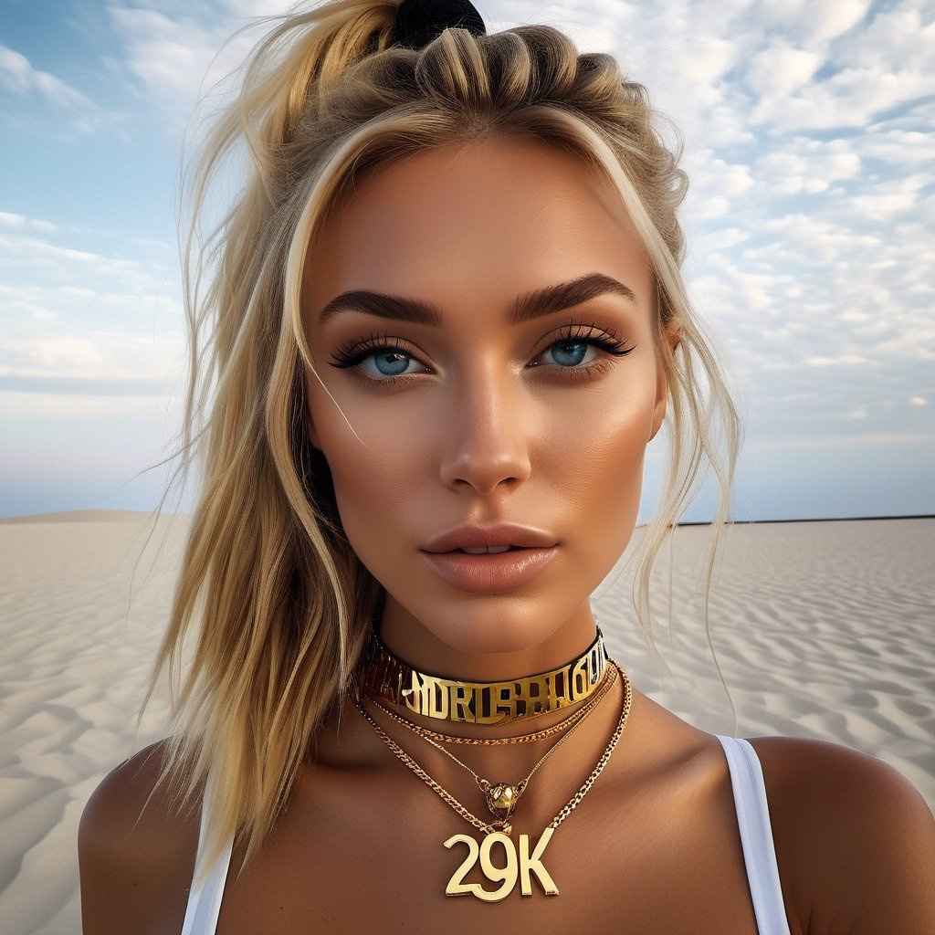 A cinematic GoPro perspective captures the enigmatic Russian supermodel, with her striking blonde locks, piercing blue eyes, and a chic ponytail,extreme close up at her neck ,she wear a madalion with letters :29K gold made with gold,the chain is thin and the letters are large.,photo_b00ster