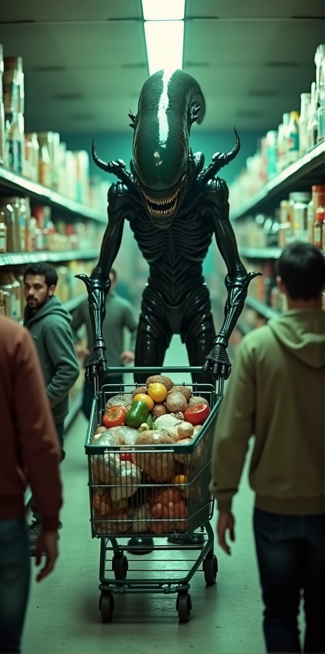 A Zenomorph organism,  its dark exoskeleton glistening in the fluorescent glow,  dominates the supermarket aisle. Elongate...