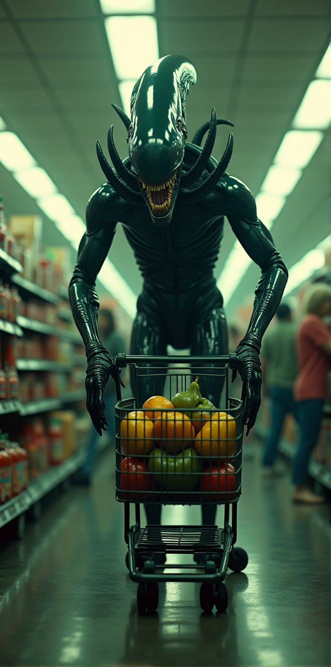 A Zenomorph organism,  its dark exoskeleton glistening in the fluorescent glow,  dominates the supermarket aisle. Elongate...