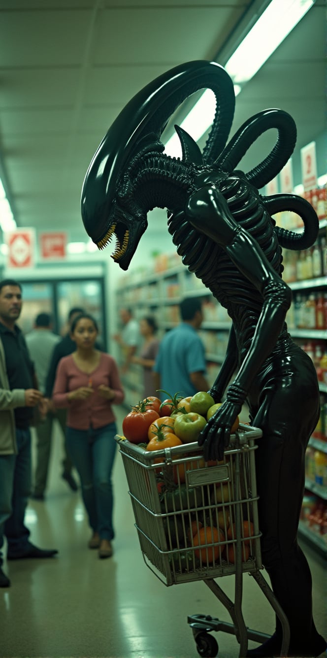 A Zenomorph organism,  its dark exoskeleton glistening in the fluorescent glow,  dominates the supermarket aisle. Elongate...