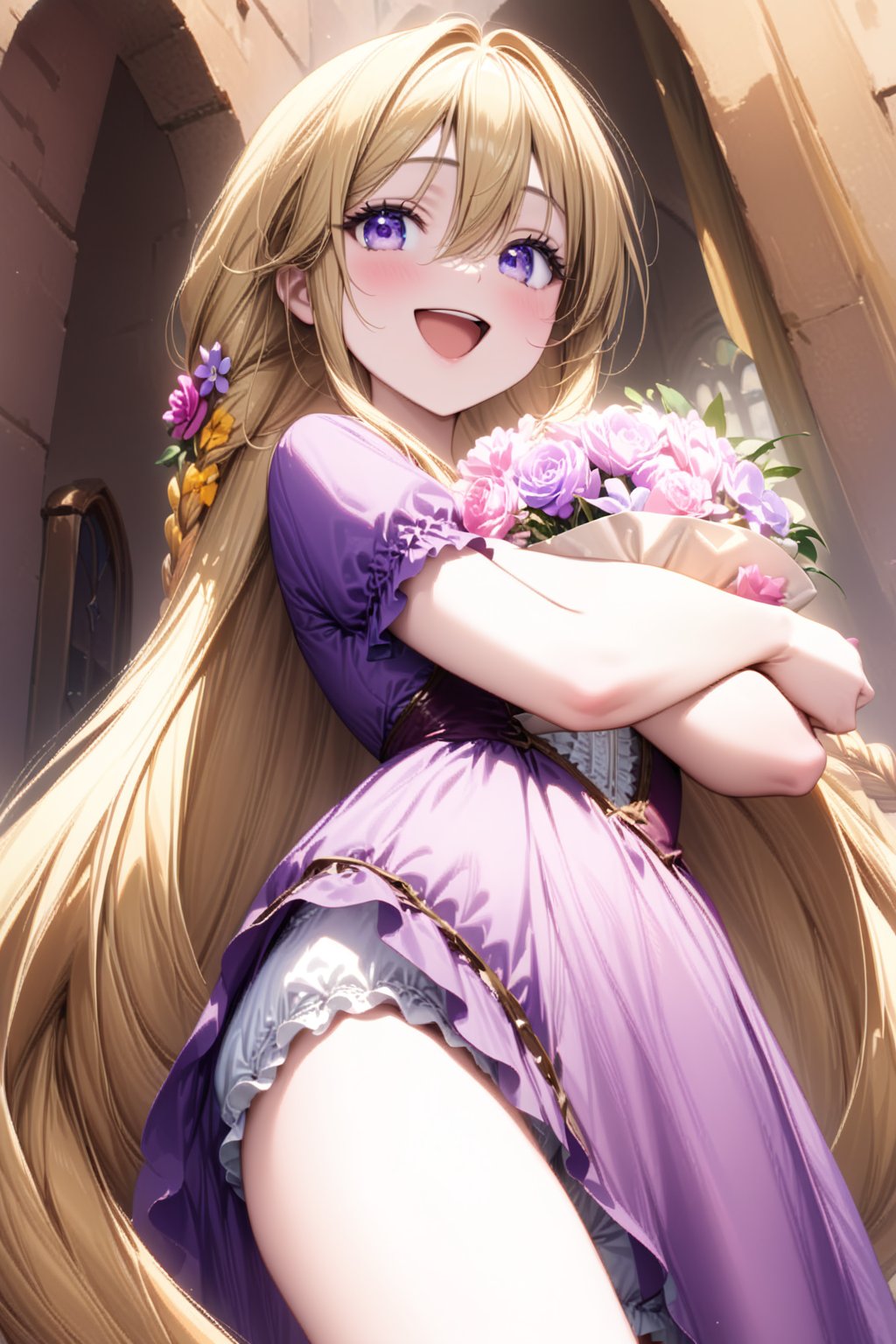 ((masterpiece)), 
((best quality)), 
((ultra detailed)), 
((very high resolution)), ((32k)), 

(bangs), ((Rapunzel in the Tower)),((Blonde)),
((very long hair)), ((long Braids)),
((Flower_Hair_Ornaments)),
(hair between eyes), (sidelocks),((beautiful detailed eyes)), (extremely detailed face),(perfect hands, perfect anatomy),((cowboy shot)),(smile),((outdoor)),((Rapunzel:1.3)),((open mouth)),
(((purple_Ruffled dress)),
((white_Drawers)),((white_bloomers)),
((Holding a bouquet)),