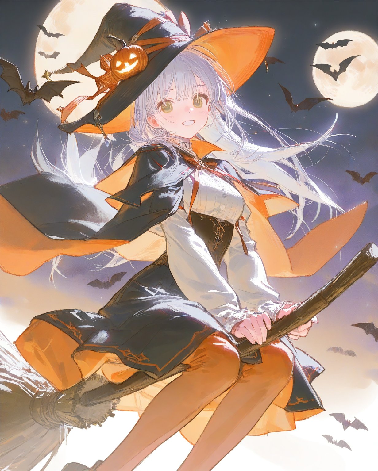  1girl,
[artist:ningen_mame],{{ciloranko}},artist:rella,artist:reoen,sho \(sho lwlw\),[dsmile],year 2023,
witch,witch hat,underbust,{{broom riding}},bat_(animal),
halloween,{{full moon}},