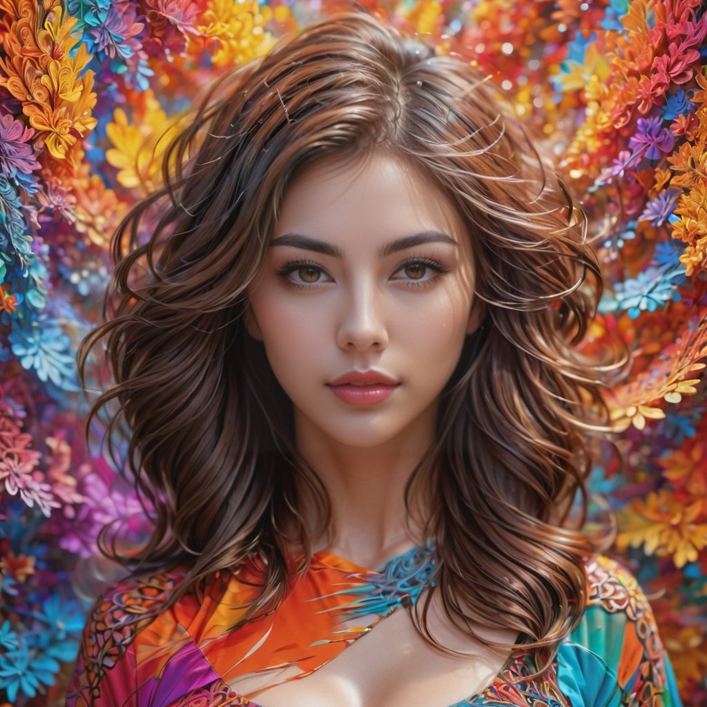 (Masterpiece, Best Quality), Intricately Detailed, 8k, Art Station, Wallpaper, Official Art, Splash Art, Sharp Focus, 1 Girl, Brown Hair, (Fractal Art: 1.4), Colorful, Most Detailed, (Zentangle: 1.4 ), facing forward, (abstract background: 1.5), (many colors: 1.4), 1 woman, (bust shot), mature woman, beautifully tousled hair, bewitching, sexy, gentle smile, harmonious Vignette, Highly Detailed, Neon Lights, Highly Detailed, Digital Painting, Art Station, Concept Art, Sharp Focus, Background by Heri Irawan, Hyperrealistic, Photorealism, Beautiful Face, Enhanced Hands, 3D, shadows, diagonal lighting, octane rendering, dripping paint,