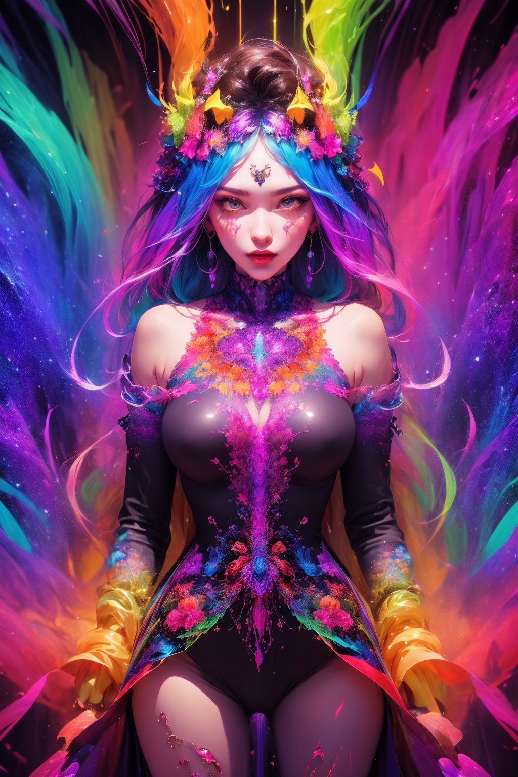 (Dripping:1.3, psychedelic, colorful, drawing of a woman with random features in cartoon style), beautiful face, detailed face, brown eyes, sexy, acid style, colorful psychedelic background, (fractal Art: 1.5), reflections, cowboy shots, hands with accurate anatomy, clean hands,