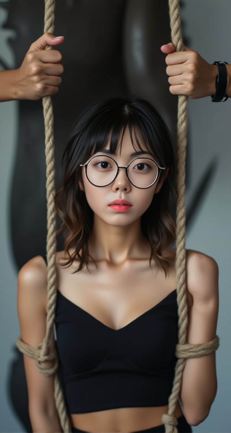  Petite Asian female Lynn stands confidently in front of a sleek background, her straight bangs framing her heart-shaped face. Wavy hair cascades down her back as she poses with rounded glasses perched on the bridge of her nose. Her slim physique is showcased as she's suspended by ropes, exuding beauty and vulnerability. Mouth open, eyes directed towards the camera, Lynn's gaze captivates as hands tied with rope hold her in a precarious yet alluring pose, Close-Up, 10–18mm f/4 , Ambient lighting, behind her is a monster, she can't move, she's tied up 