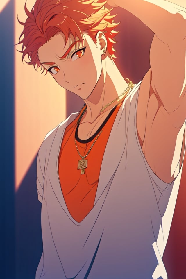 masterpiece,best quality,highly detailed character,1boy,solo,male focus,satsuki_itou,red hair,orange eyes,underarm t-shirt,necklace,looking at viewer,arms,cute,shota,aesthetic