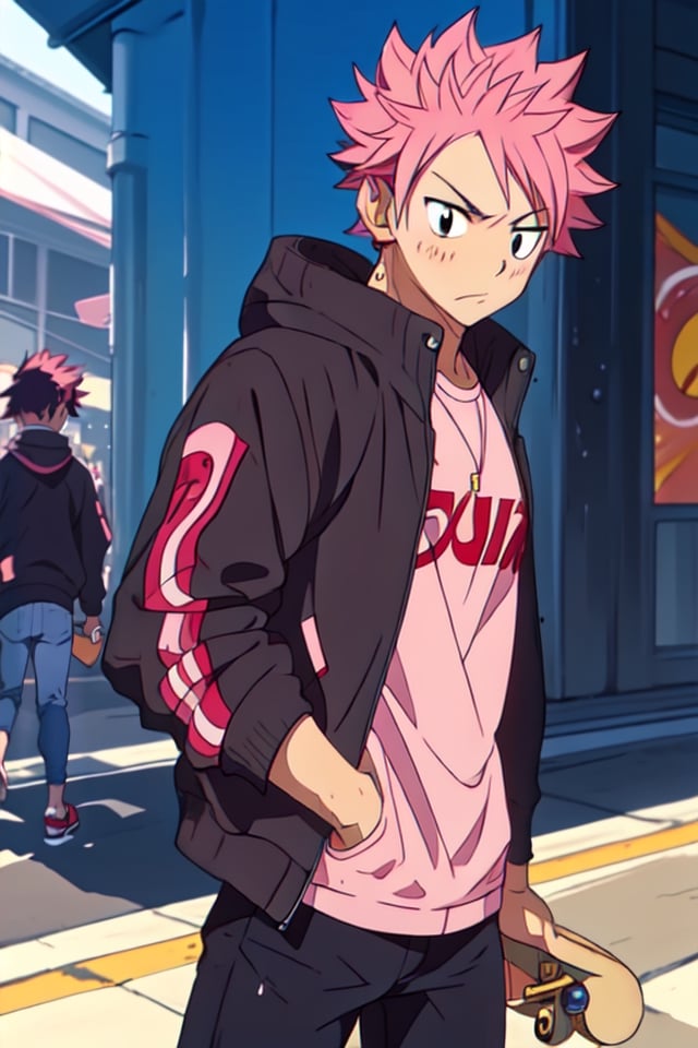 masterpiece,best quality,highly detailed character,1boy,solo,male focus,natsu_dragneel,pink hair,black eyes,street punk,carrying a skateboard ,headphones,punk jacket,black jeans,looking at viewer,arms,cute,shota,aesthetic