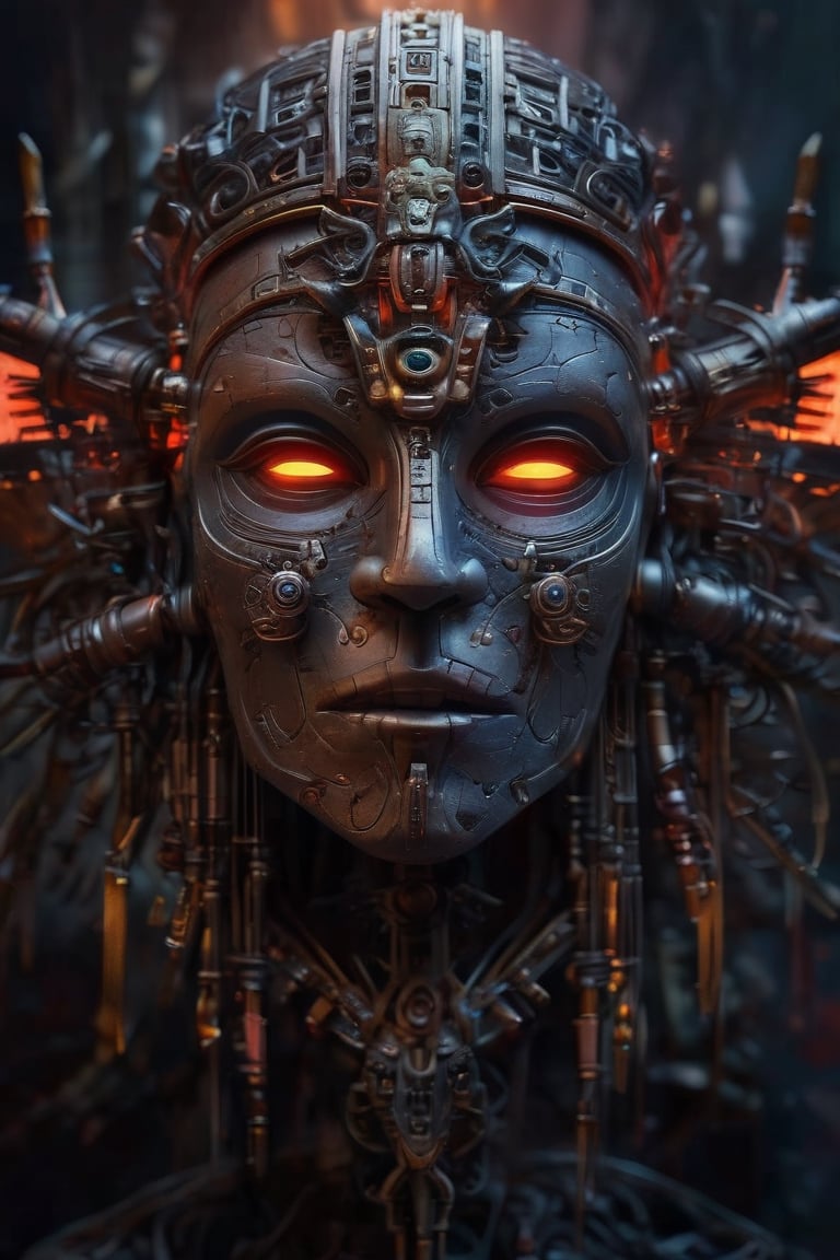 Cinematic masterpiece hyperdetailed ,realistic ,ancient goddess of death, 1/2 body dynamic pose,((cyberpunk (((Aztec mask vm1))) ,glowing digital wires and tubes,glowing gems, glowing eyes, detailed cybernetic brain)), 8k, volumetric lighting ,magic glow