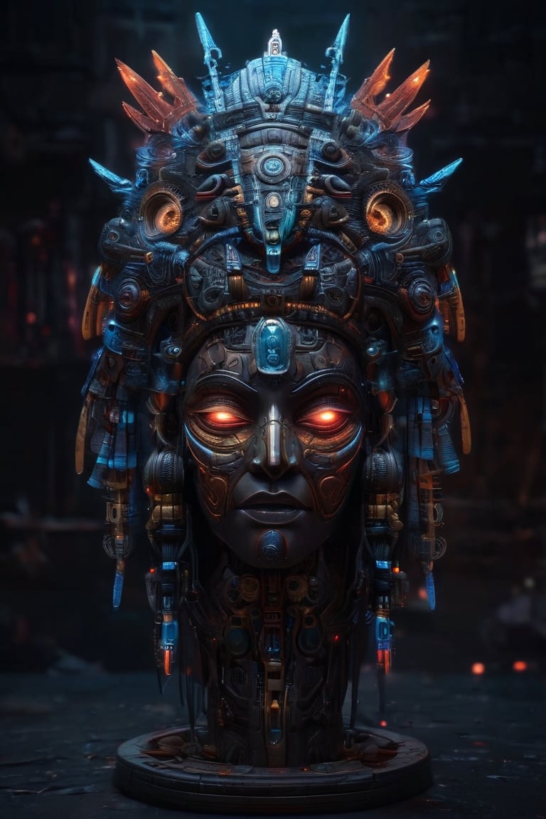 Cinematic masterpiece hyperdetailed ,realistic ,ancient goddess full body,((cyberpunk Aztec mask vm1 ,glowing digital wires and tubes,glowing gems, glowing eyes, detailed cybernetic brain)), 8k, volumetric lighting ,magic glow