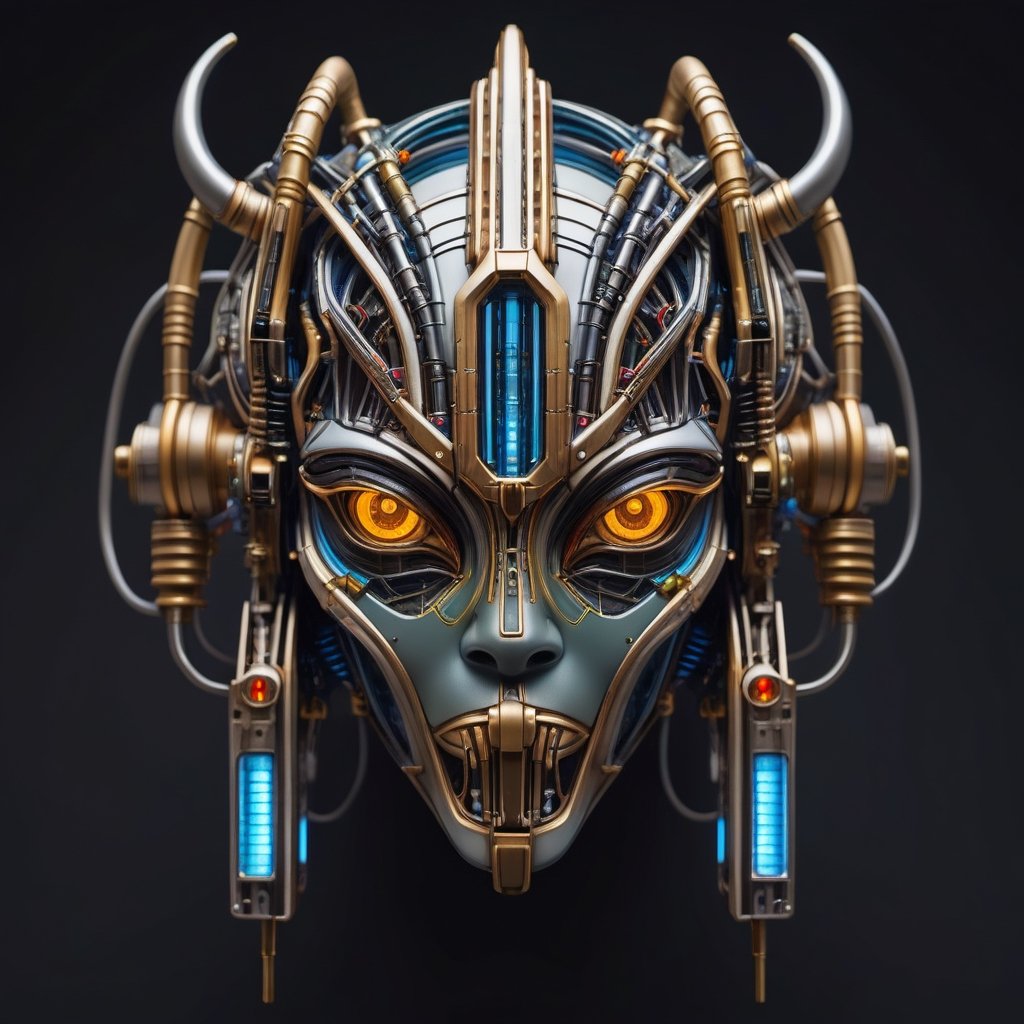 symmetrical cyberpunk Egyptian mask ((vm1)) ,digital wires and tubes, front facing simple background (even studio lighting) no shadows