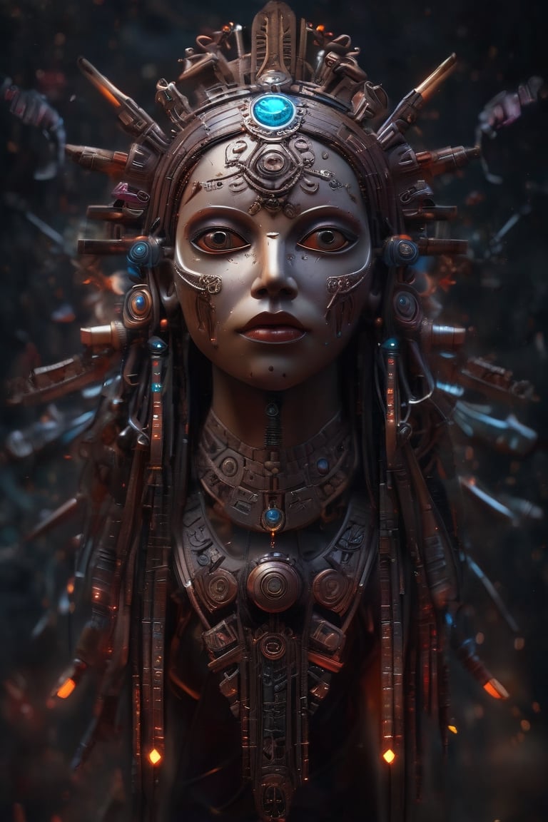 Cinematic masterpiece hyperdetailed ,realistic ,ancient goddess full body dynamic pose,((cyberpunk (((Aztec mask vm1))) ,glowing digital wires and tubes,glowing gems, glowing eyes, detailed cybernetic brain)), 8k, volumetric lighting ,magic glow