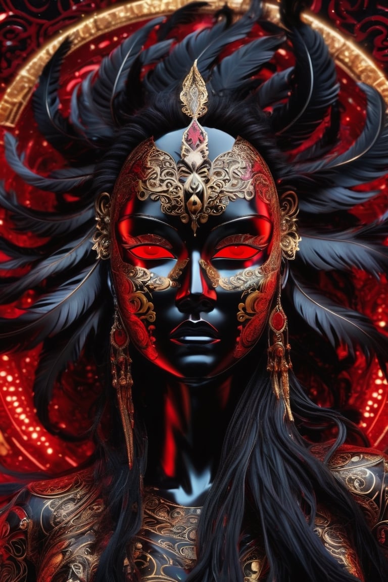 chromed statue, sexy female form, ornate red face cover mask, black feathers, ornate gold patterns, red glowing long hair flowing in the wind,  red glowing eyes, red and gold intricate cosmic background, standing facing front, layered detail, ultra crisp, ultra detail, 4k,glitter