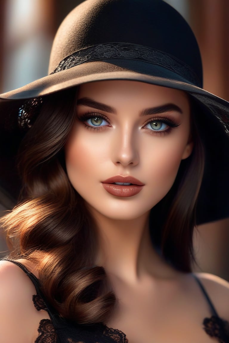 Perfect face, perfect body, perfect eyes, glamorous, gorgeous, delicate, romantic, Beautiful brunette, gray eyes, black hat, wearing black lace gloves, Romantic makeup, create sensual lighting, perfect skin tone filter, add shadows and reflections, highly detailed, vibrant, production cinematic character render, hyper-realistic high-quality model, HDR, 3d, 8K, ultra high quality
