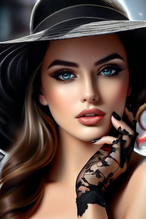 Perfect face, perfect body, perfect eyes, glamorous, gorgeous, delicate, romantic, Beautiful brunette, black hat, wearing black lace gloves, Romantic makeup, black and white speedpaint with large strokes and splashes of paint. add shadows and reflections, highly detailed, vibrant, production cinematic character render, hyper-realistic high-quality model, HDR, 3d, 8K, ultra high quality. Digital Art by AlPacifista
