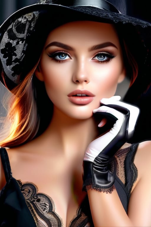 Perfect face, perfect body, perfect eyes, glamorous, gorgeous, delicate, romantic, Beautiful brunette, black hat, wearing black lace gloves, Romantic makeup, black and white speedpaint with large strokes and splashes of paint. add shadows and reflections, highly detailed, vibrant, production cinematic character render, hyper-realistic high-quality model, HDR, 3d, 8K, ultra high quality. Digital Art by AlPacifista
