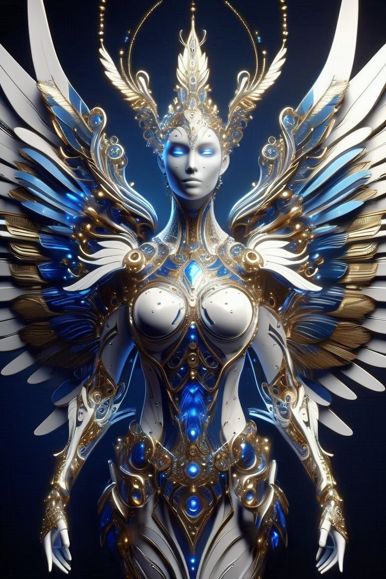 female body adorned in metal feathers and wings, fractal design, intricate, detailed, ultra layered details, beautiful, diamond lights, organic, white, gold, deep shiny metal blue, flow, standing facing camera, full_body, futuristic