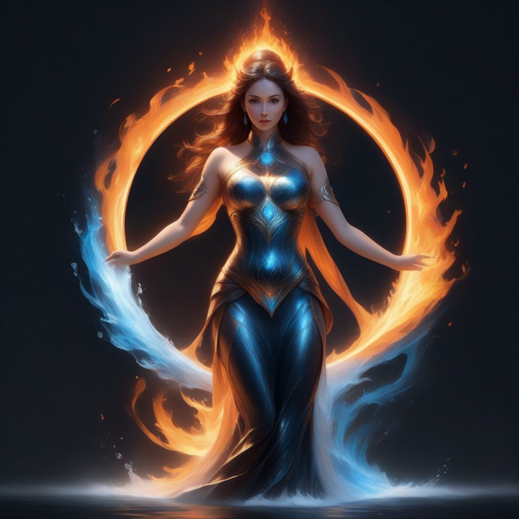 create a circular logo of organic flowing water and fire coming together to create the human female form,  elaborate, layered, detailed, perfect lighting, metal