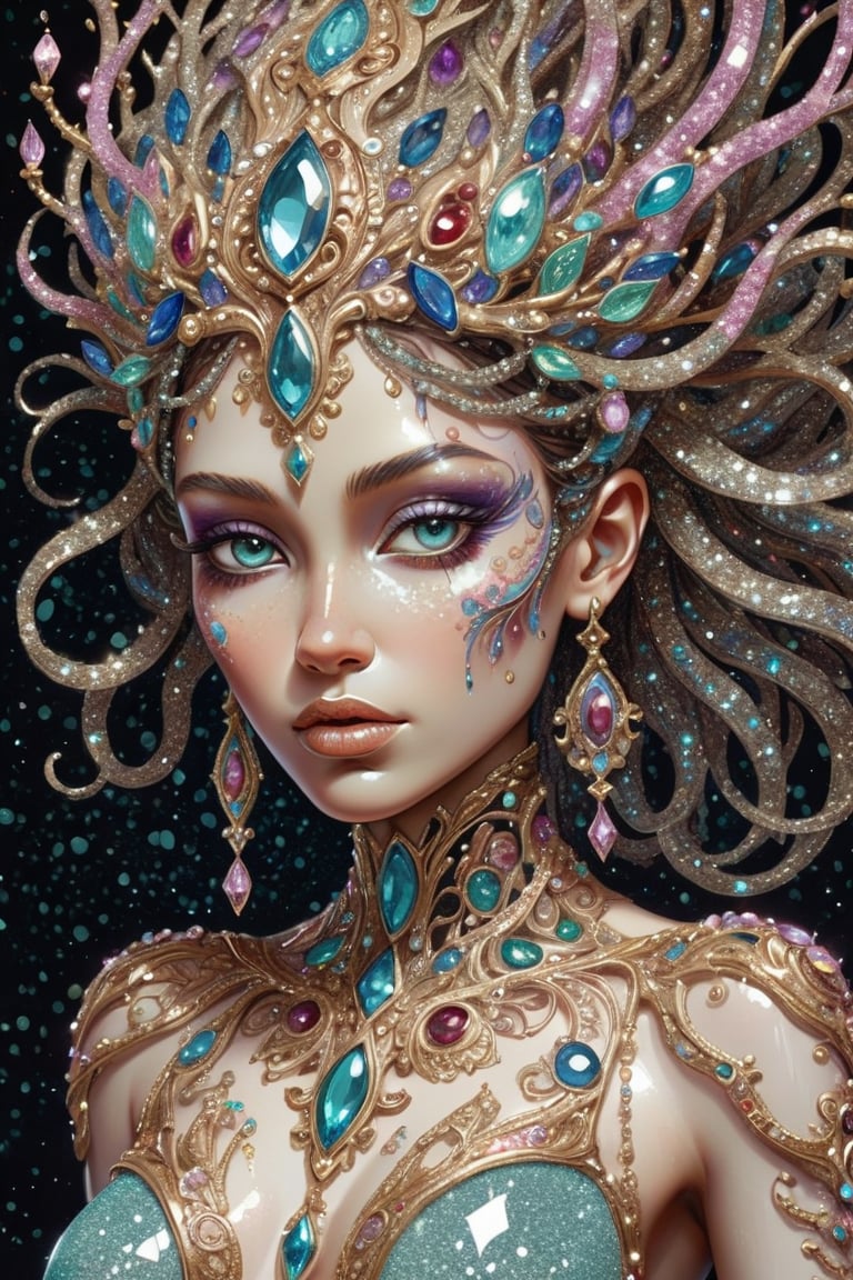 human female made from glitter and gemstones, organic flow, elaborate, detailed, ornate