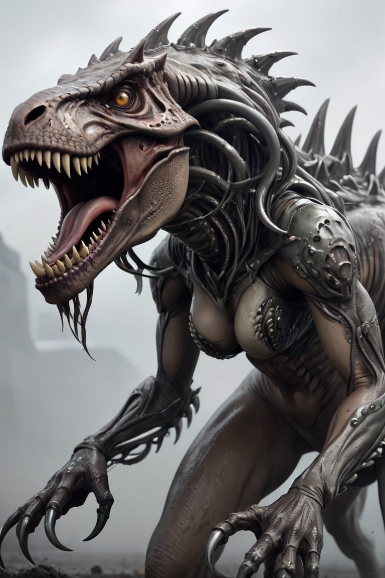  human female warrior, a tyrannosaurus_rex wolf hybrid predator creature made from liquid metal, tentacles, lots of eyes, fearsome, long sharp teeth, stalking you on a futuristic battlefield, fog,girl