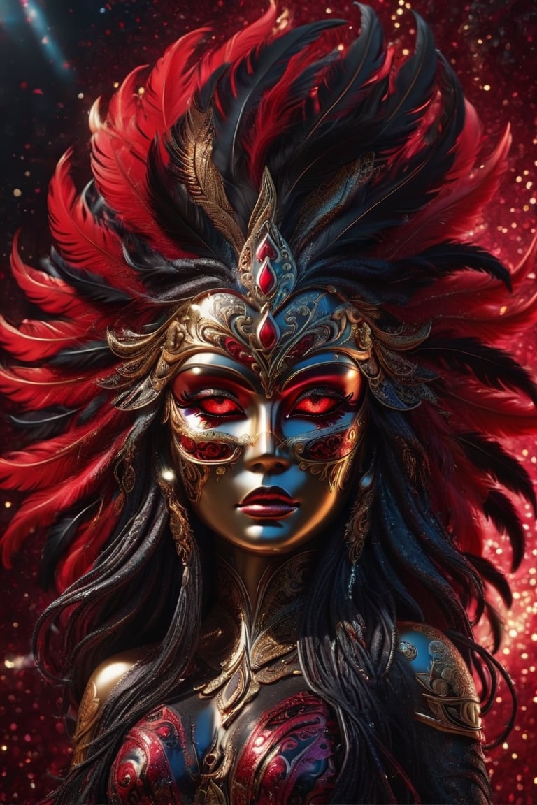 chrome plated statue, sexy female form, ornate red face cover mask, black feathers, ornate gold patterns, red glowing long hair flowing in the wind,  red glowing eyes, red and gold intricate cosmic background, standing facing front, layered detail, ultra crisp, ultra detail, 4k,glitter