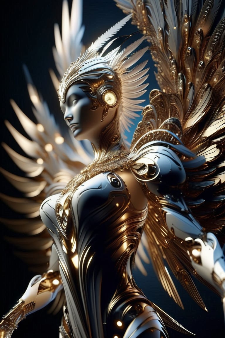 female body adorned in metal feathers and wings, fractal design, intracate, detailed, ultra layered details, beautiful, diamond lights, organic, white, gold, deep shiny metal blur, flow,futuristic