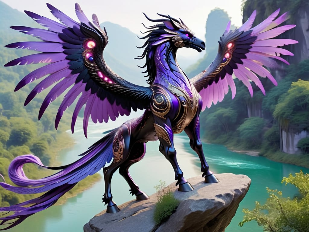 eagle horse creature, long flowing feathered horse main and tail, standing regal on top of a rock overlooking a lush oriental fantasy valley below with a river, large spread eastern dragon wings, raven black body, luminous purple feathers,futuristic