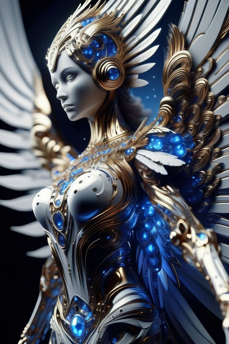 female body adorned in metal feathers and wings, fractal design, intricate, detailed, ultra layered details, beautiful, diamond lights, organic, white, gold, deep shiny metal blue, flow, looking at camera, futuristic