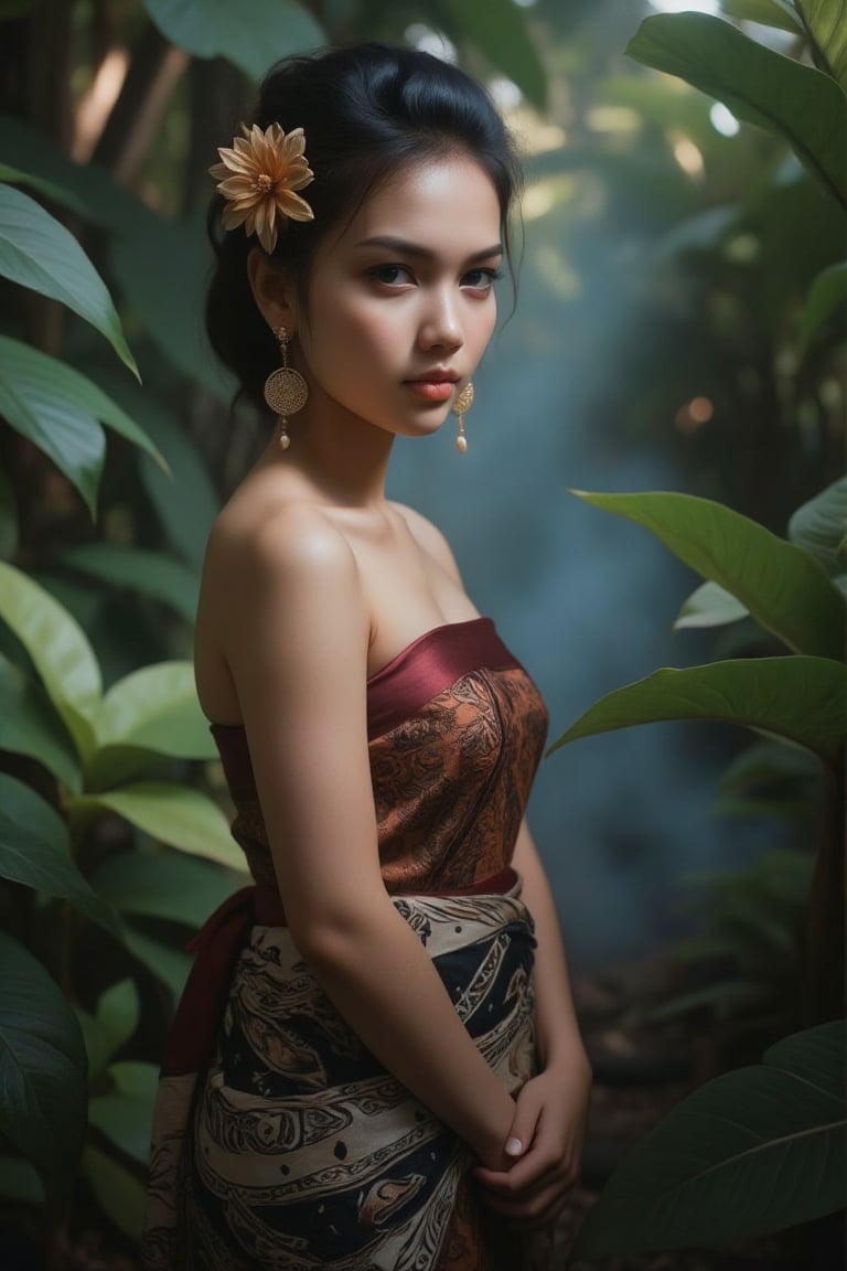 A young indonesian woman stands in a lush,  tropical setting,  surrounded by verdant foliage and dappled sunlight filterin...