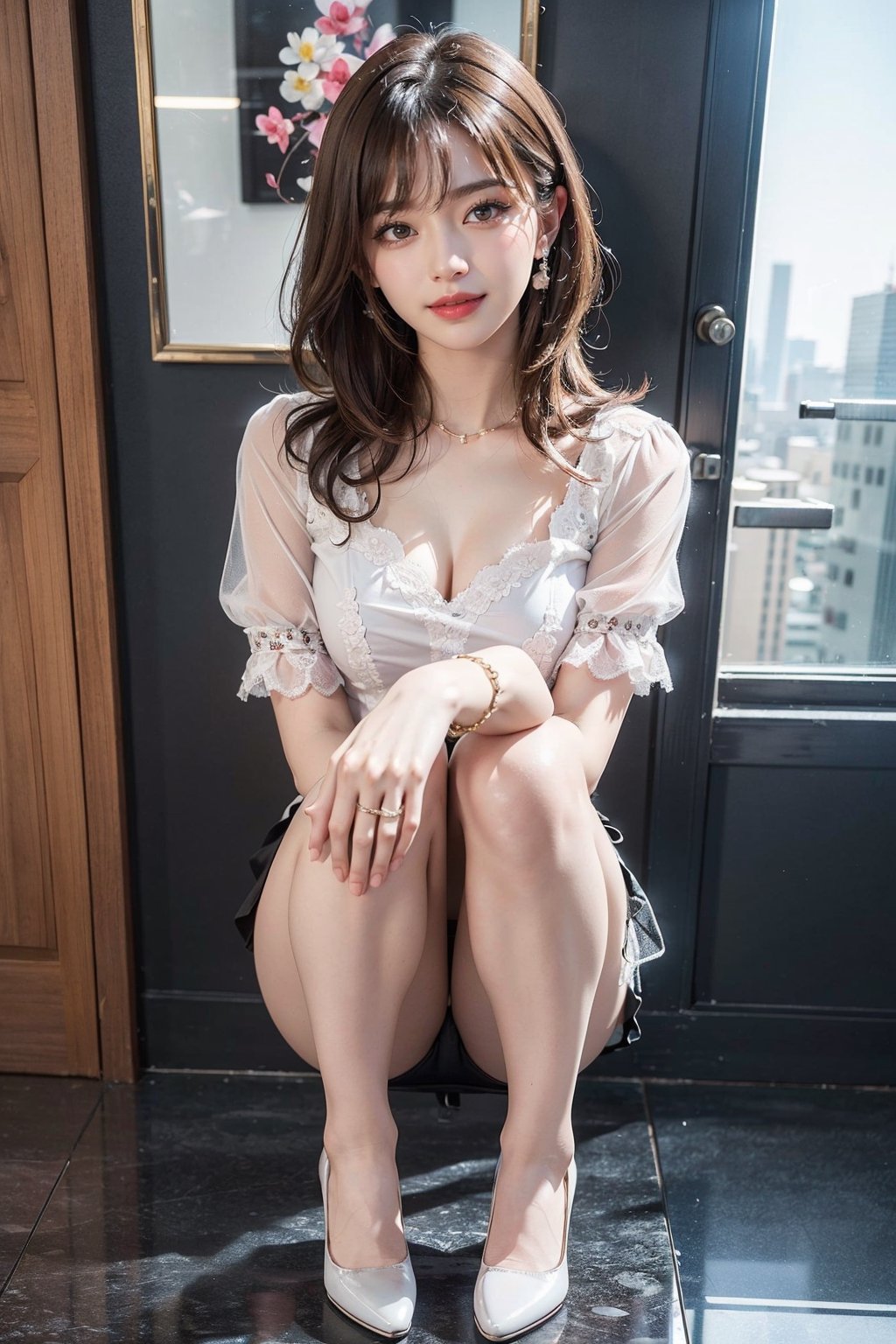 An office, black stilettos ,glasses:1.5, white blouse:1.5, black short skirt1.5, fullbody:1.1, legs apart:1.8, panties visible:1.5, nipples visible :1.2, ((natta、Realistic light、top-quality、8K、​masterpiece:1.3)),1girl, abdominals:1.1,Blond straight haired, big breasts:1.2,  beauty legs,Super fine face,A detailed eye,cheerful,seductive,smile,mikana_yamamoto,jeongyeon