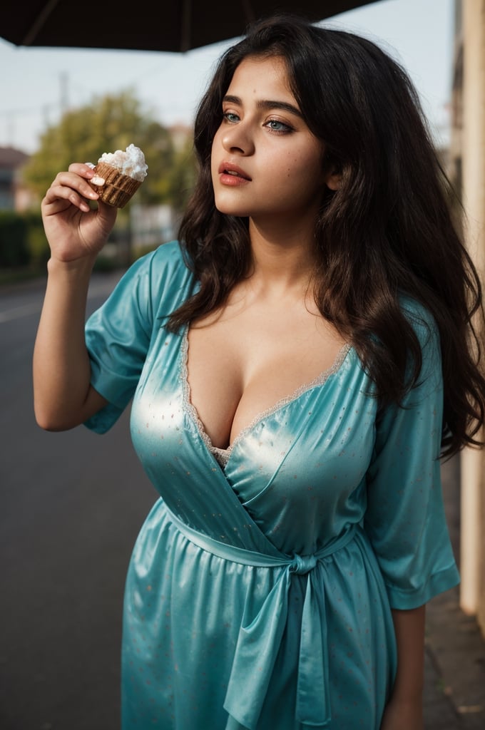 anjali arora, Looks 16 years old, detailed face, perfect huge tits, (cleavage),, baby face, teen face,(((Whole body))), (((seductive look, sexy lips, sensual face)))), Indian (noble girl) walking , full body image, standing like a model, pose like a model, outdoor, sunlight, busy street, (detailed eyes), having icecream, enormous boobs, navels, detailed face, v neck blouse, very attractive, seductive, very sexy, dark cleavage line,thick lips, large breasts, long wavy hair, thick_black_pubic_hair, underarm_hair, flas armpit, slivless, night gown, sleeping gown, ball print , dark orange gown, bubble print, perfect figure, model figure, perfect body,Beautiful eyes ,Detailedface, teal orange cinematice color grading,