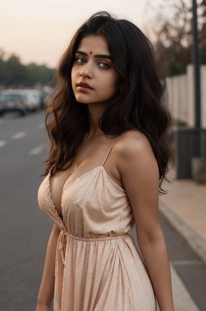 anjali arora, Looks 16 years old, detailed face, perfect huge tits, (cleavage),, baby face, teen face,(((Whole body))), (((seductive look, sexy lips, sensual face)))), Indian (noble girl) ,looking at the sun , full body image, standing like a model, pose like a model, outdoor, sunlight, busy street, (detailed eyes),  enormous boobs, navels, detailed face, v neck blouse, very attractive, seductive, very sexy, dark cleavage line,thick lips, large breasts, long wavy hair, thick_black_pubic_hair, underarm_hair, flas armpit, slivless, night gown, sleeping gown, ball print , dark orange gown, bubble print, perfect figure, model figure, perfect body,Beautiful eyes ,Detailedface, cinematice color grading,