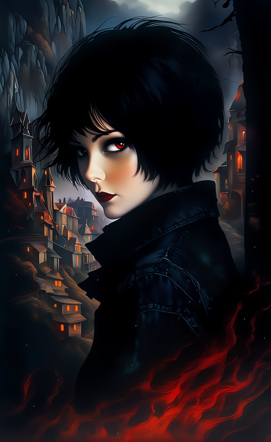 Art by Andy Kehoe, luis royo, Esao Andrews, Umberto Boccioni. Create an image of Vampy is a (((12 years old))) and is a vampire girl. She has short black hair, bob cut, and red eyes. She is gothic, dark clothes, . (((long-sleeve T-shirt, jacket and long-sleeve jeans))) (((long T-shirt, jacket and jeans)) detailed face and HANDS AND FINGERS, and legs (((SHORT HAIR, SHORT HAIR))))   In the background, the town of Monsterville))