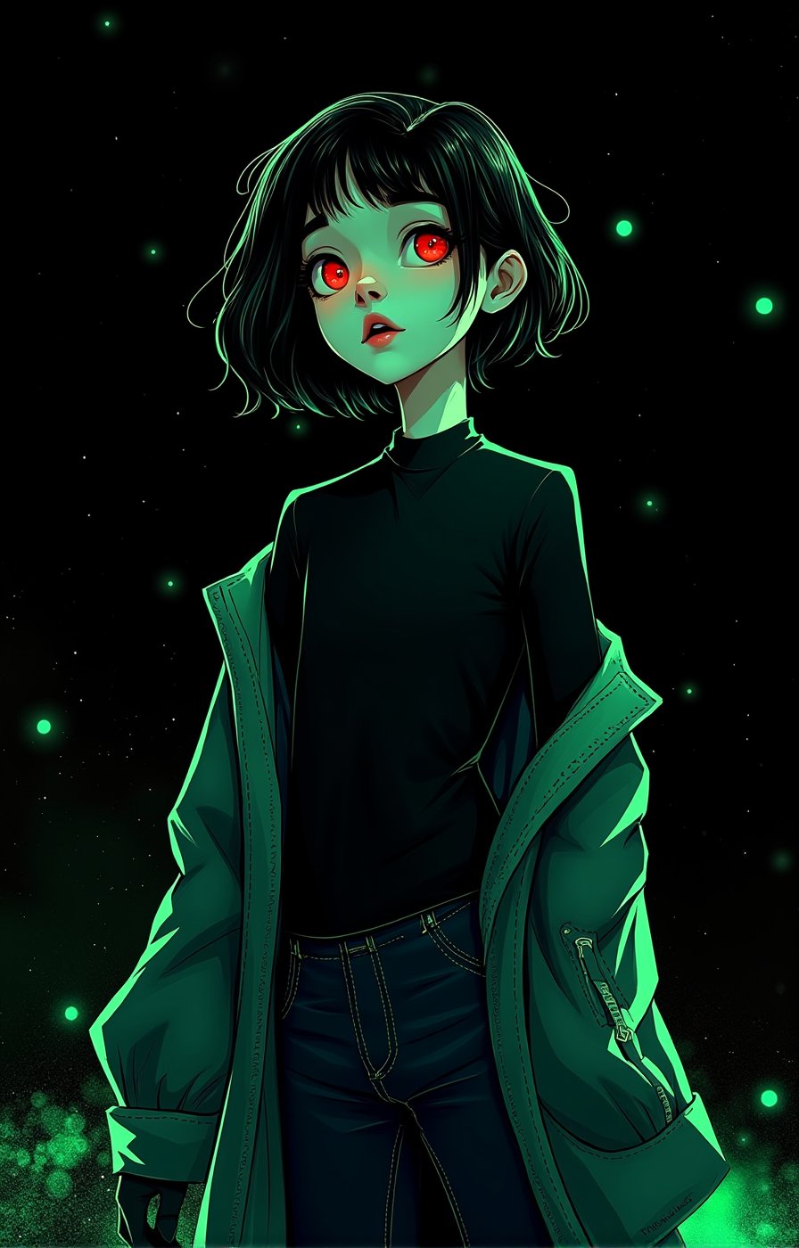 (((LEAVE SPACE AT THE TOP))) aesthetic, cartoon origin, cute face, pretty eyes, eyebrows, detailed eyes, ((black background)), ((bright green chromatic aberration)), The illustration, drawn from a low angle, depicts a vampire girl. Is Vampy.  she is a 12 years old vampire girl. She has ((((SHORT HAIR, black hair,)))) and red eyes. She is gothic. Dark clothes, SNEAKERS, JEaNS. (((LONG T-shirt, jeans, and jacket))). Ultra high detail, detailed starry sky. ((( gloomy. detailed face, side view. Vampy SITTING on the roof of the tallest dome in Monsterville city, overlooking the Monsterville skyline., camera panning, detailed night sky 2/3 frame, UHD, 8K, Studio lighting, Perfect composition, Perfect lighting. Ultra high detail, . The background is plain with abstract spots, which creates a stark contrast to the two figures. HD Eyes: 1.4, Looking at Viewer Shot: 1.35, Head Tilted, Upper Body, Jeans, Simple Background, Drawing Lines, Sketch, (Lava Lamp Style), Light Design, Intricate Details, Simple Background, legendofnerd style, Simple BREAK Background, Diagonal Abstract Structure in Background, ((Colored Pencil)), Sketch, Painting, ((Paper Texture)), art_solyanka, SKP-highly detailed, SamYoung_Illustration
