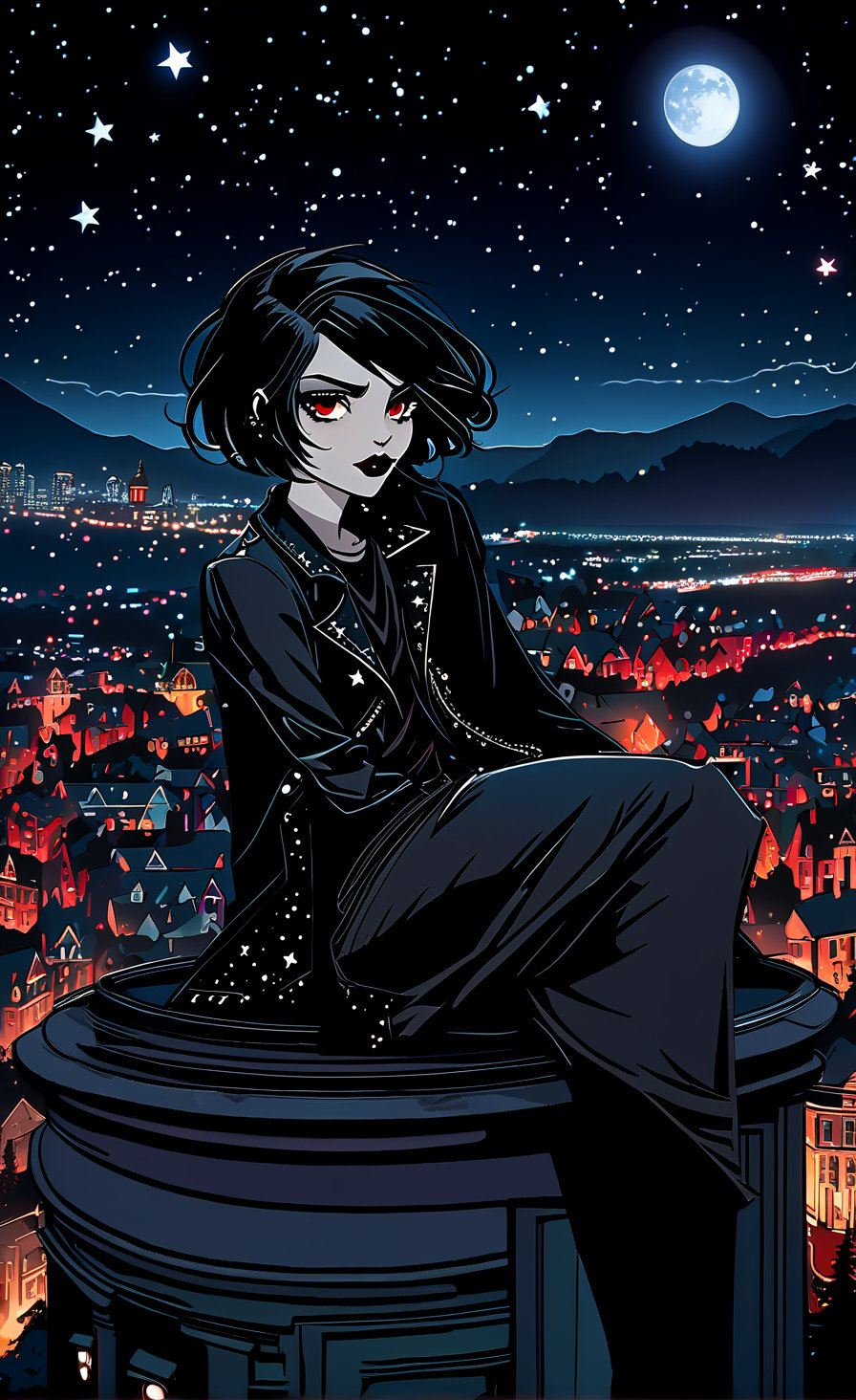 portrait Vampy is a 13 years-old vampire girl. She has ((((SHORT HAIR, black hair, bob haircut)))) and red eyes. She is gothic. dark clothes, (((LONG T-shirt, large jeans, sneakers and jacket))). Ultra-high detail, detailed starry sky. all rendered in the distinctive styles of artists Craola, Dan Mumford, Andy Kehoe and Luis Royo. ((((( gloomy. detailed face, side view. Vampy SITTING on the roof of the highest dome in the town of Monsterville, overlooking the Monsterville skyline., panoramic view of the camera, detailed night sky full of stars 2/3 frame, UHD, 8K, studio lighting, perfect composition, perfect lighting. Ultra-high detail, detailed starry sky)))(((LEAVE SPACE AT THE TOP)))