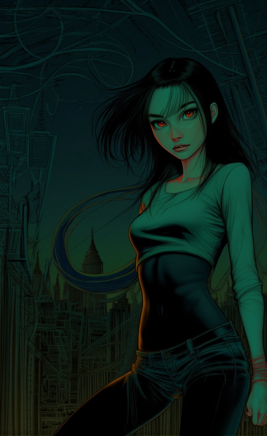 (((LEAVE SPACE AT THE TOP))) aesthetic, cartoon origin, cute face, pretty eyes, eyebrows, detailed eyes, ((black background)), ((bright green chromatic aberration)), The illustration, drawn from a low angle, depicts a vampire girl. Is Vampy.  she is a 12 years old vampire girl. She has ((((SHORT HAIR, black hair,)))) and red eyes. She is gothic. Dark clothes, SNEAKERS, JEaNS. (((LONG T-shirt, jeans, and jacket))). Ultra high detail, detailed starry sky. ((( gloomy. detailed face, side view. Vampy SITTING on the roof of the tallest dome in Monsterville city, overlooking the Monsterville skyline., camera panning, detailed night sky 2/3 frame, UHD, 8K, Studio lighting, Perfect composition, Perfect lighting. Ultra high detail, . The background is plain with abstract spots, which creates a stark contrast to the two figures. HD Eyes: 1.4, Looking at Viewer Shot: 1.35, Head Tilted, Upper Body, Jeans, Simple Background, Drawing Lines, Sketch, (Lava Lamp Style), Light Design, Intricate Details, Simple Background, legendofnerd style, Simple BREAK Background, Diagonal Abstract Structure in Background, ((Colored Pencil)), Sketch, Painting, ((Paper Texture)), art_solyanka, SKP-highly detailed, SamYoung_Illustration
