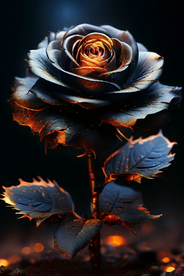 cinematic photo breathtaking hyperrealistic art A digital illustration combining elements of two images: a scene of black, charred roses with faetastic Glowing  embers amidst a dark, ash-covered ral-oilspill ground, and an shiny intricate  fractal design resembling a ral-polishedsteel golden flower with complex patterns and details. The composition blends the dark, burnt elements with the bright, glossy elegant fractal flower, creating a dramatic and surreal visual effect with high contrast and day-glo details. Extremely high-resolution details, photographic, realism pushed to extreme, fine texture, incredibly lifelike . award-winning, professional, highly detailed . 35mm photograph, film, bokeh, professional, 4k, highly detailed