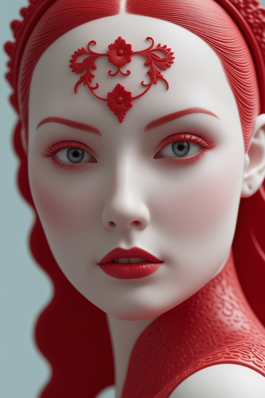 sculpture portrait of an woman white porcelain skin pierced with red Intricate details,  very realistic cinematic lighting...