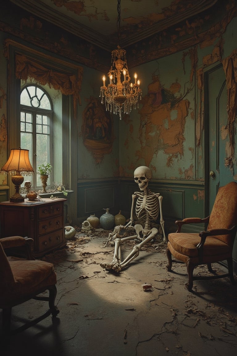 In a cramped, dimly lit chamber, a lone skeleton sits amidst the decaying remnants of a bygone era. A single, flickering light source casts long shadows across the walls, where peeling wallpaper clings to the bone. Faded furniture and a dusty chandelier lay scattered, as if abandoned in haste. The camera zooms in tight, bathing the scene in a low-key glow that accentuates the eerie atmosphere. Cobweb-covered candelabras, cracked vases, and torn tapestries fill the frame, exuding an aura of foreboding dread. The air is heavy with the weight of forgotten memories, as if the very room itself holds secrets it refuses to yield.