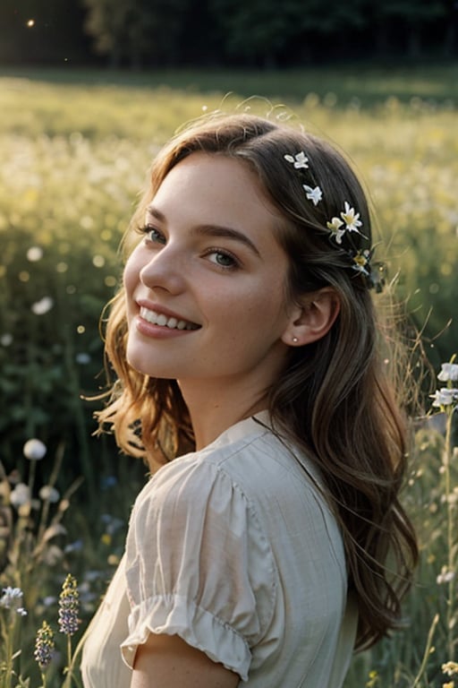 Effortless beauty in a sun-drenched meadow,  captured by a Hasselblad camera. The 1930s-inspired young woman poses effortl...