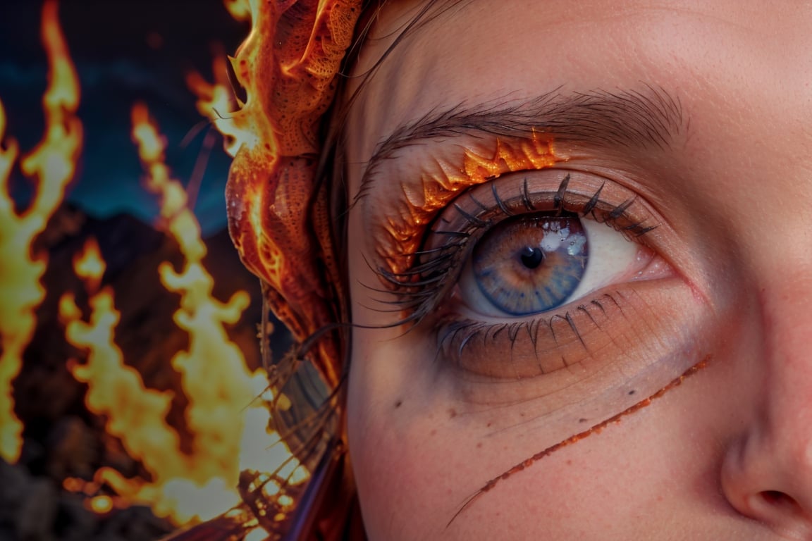 Frontal closeup photograph of an eye, where a fiery volcano eruption with molten lava and dark ash clouds is vividly depicted within the iris, yet the eye's natural texture and form are preserved